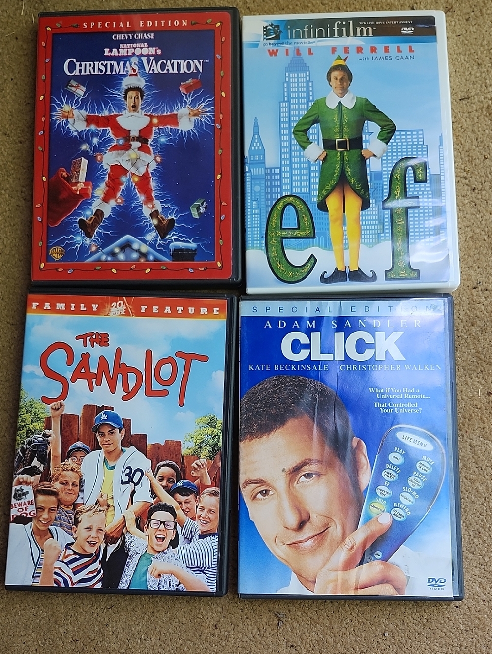 Set of 4 Holiday & Family DVDs — Christmas Vacation, Elf, The Sandlot, Click